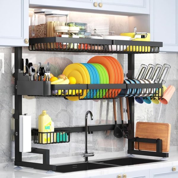 Over The Sink Dish Drying Rack (Expandable Height and Length) Snap-On Design 2 Tier Large Dish Rack Stainless Steel 31-39.4L x 12W x 34-38H inches