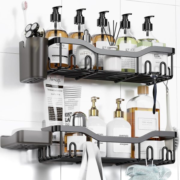 Adhesive Shower Organizer Bathroom Shower Shelves, Wall Shelf for Inside Shower Storage with Soap Dish&16 Hooks,