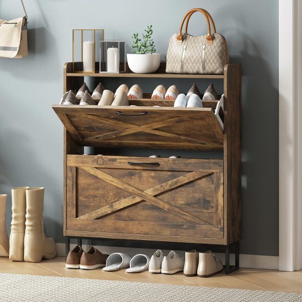 Shoe Storage Cabinet with 2 Flip Drawers, Freestanding Organizer with Metal Legs for Entryway, Narrow Shoe Rack Cabinet, Rustic Brown