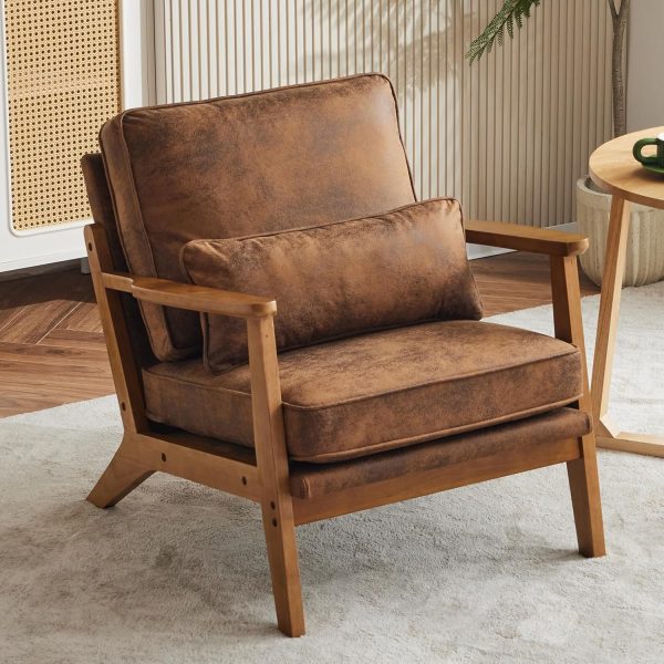 Chair Wide Armrest Mid-Century Lounge Chair Bronzing Cloth Armchair with Lumbar Pillow & Solid Wood Frame for Living Room