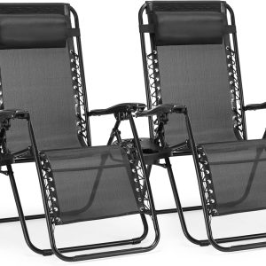 Zero Gravity Chairs, Set of 2 Portable Recliner Beach Camping Patio Outdoor Folding Lounge Chair with Cup Holder Trays and Adjustable Pillow for Poolside, Garden, Backyard, Lawn