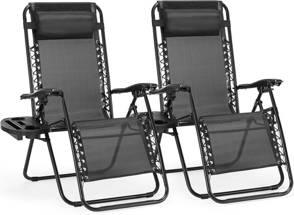 Zero Gravity Chairs, Set of 2 Portable Recliner Beach Camping Patio Outdoor Folding Lounge Chair with Cup Holder Trays and Adjustable Pillow for Poolside, Garden, Backyard, Lawn